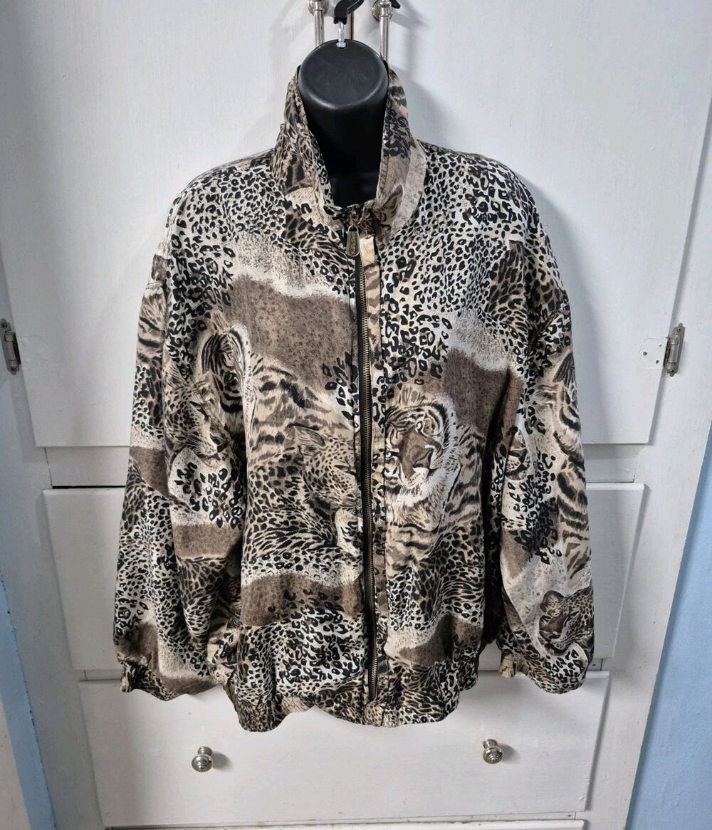 Vintage Fuda International Women XL 80s 90s Silk Track Jacket Leopard Tiger Face